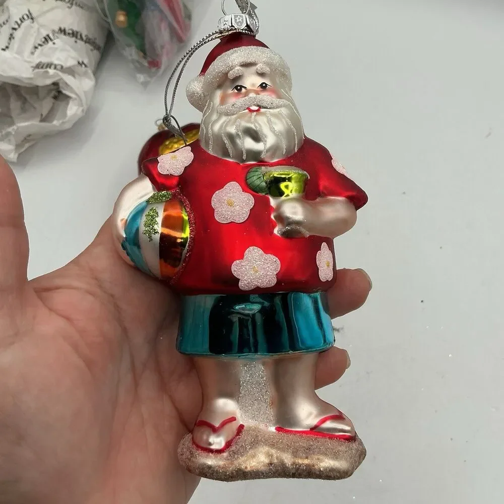 Radko Style Tropical Santa Glass Christmas Ornament Hawaiian Shirt Beach Holiday